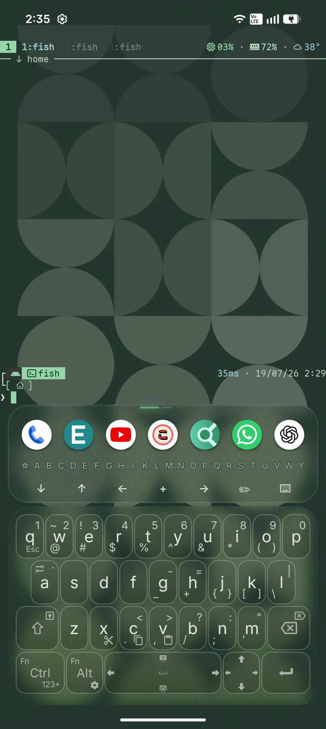 Termux Launcher home screen with tmux status, live terminal, app dock, A–Z row, and built-in keyboard