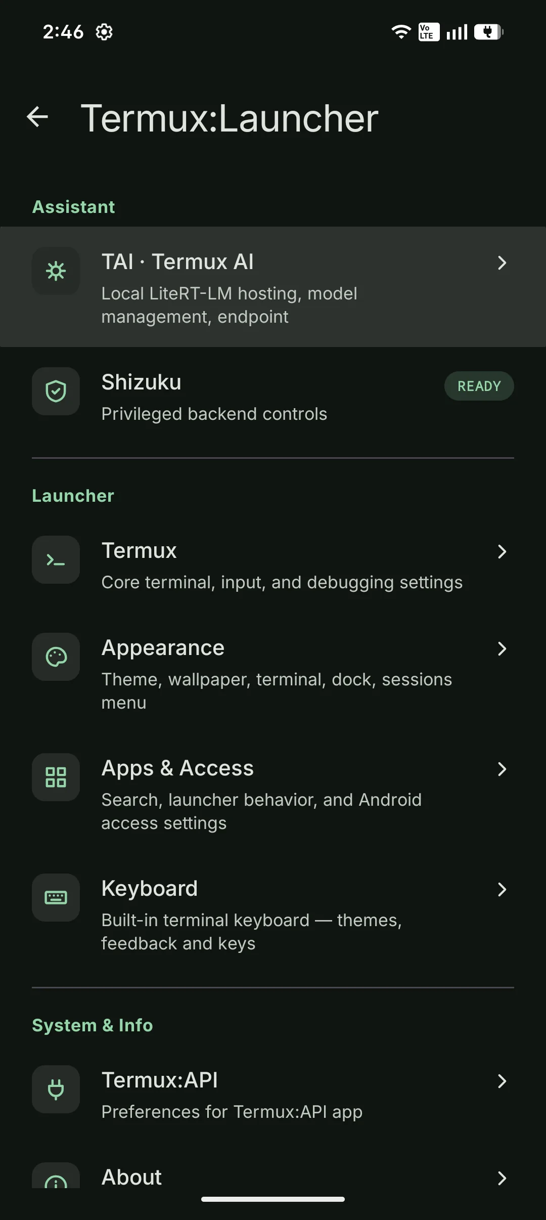 Current settings hub showing the Assistant, Launcher, and System sections