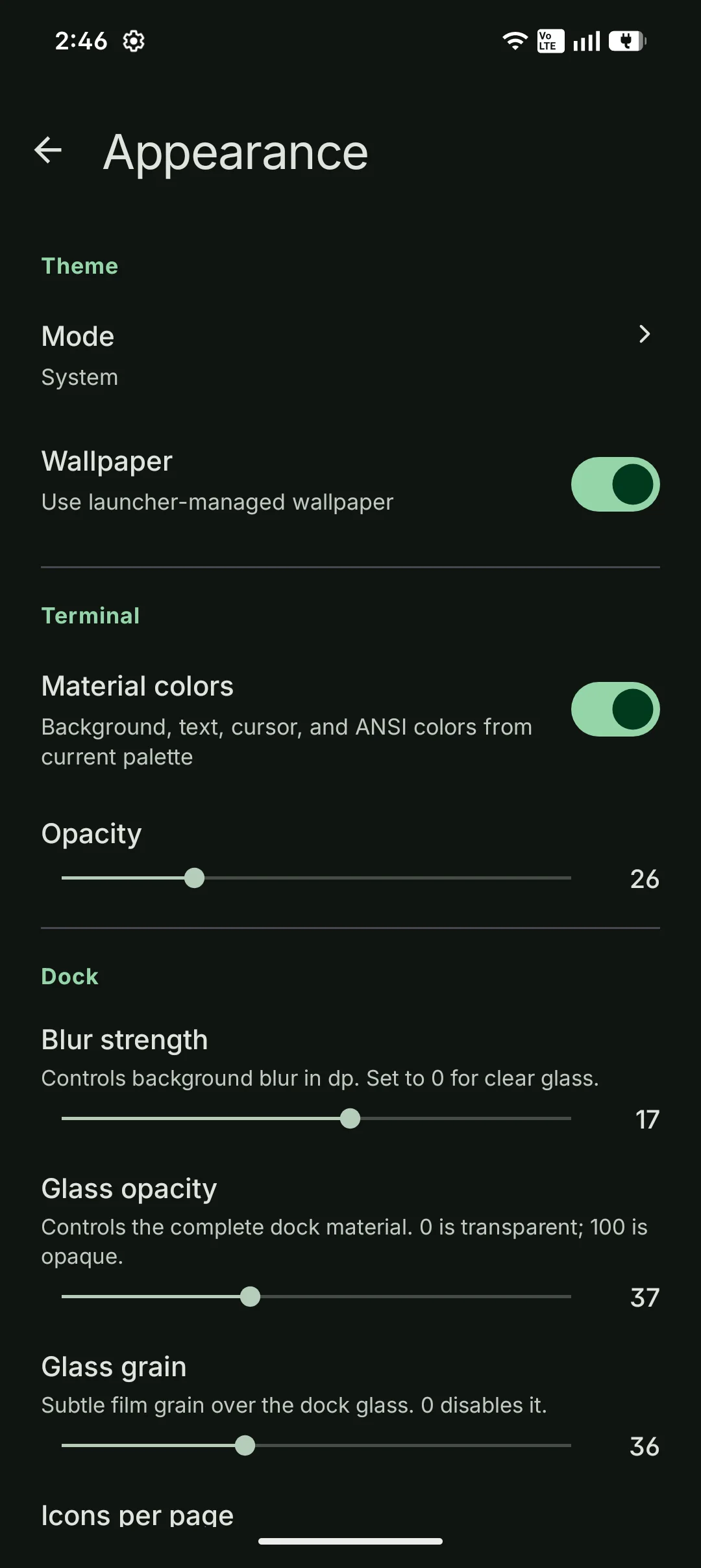 Appearance screen with Material colors, terminal opacity, and live dock glass controls