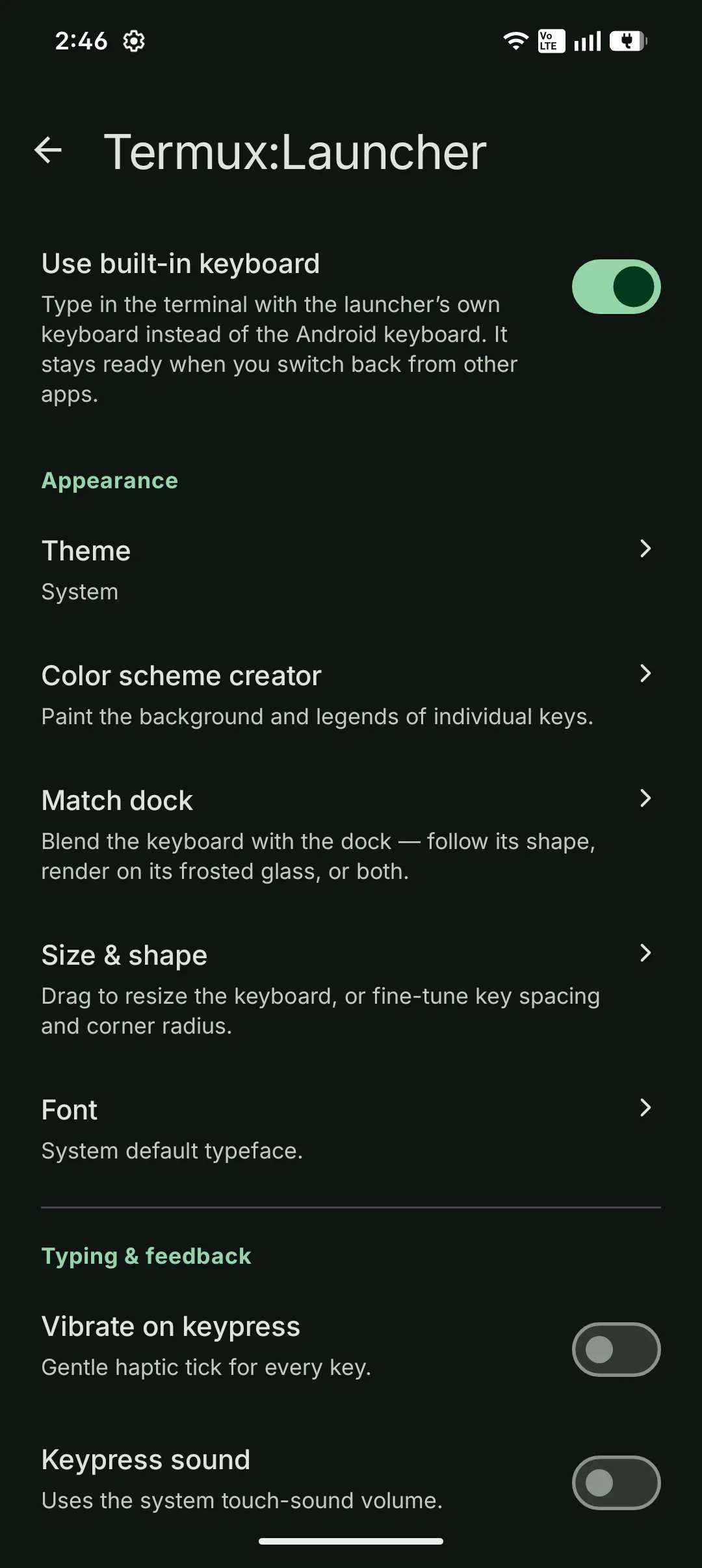Built-in keyboard settings showing theme, color scheme, dock matching, sizing, and feedback