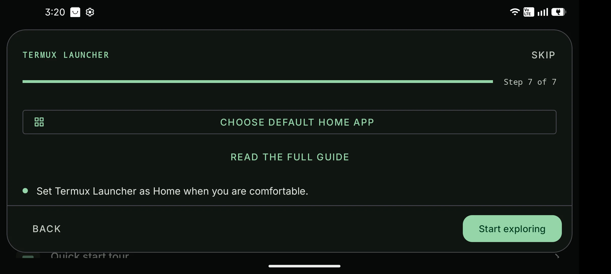 Final onboarding page with optional Home selection and full guide actions