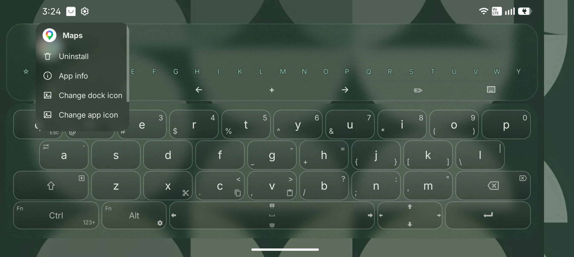 Long-press actions for an app, including app info and icon customization
