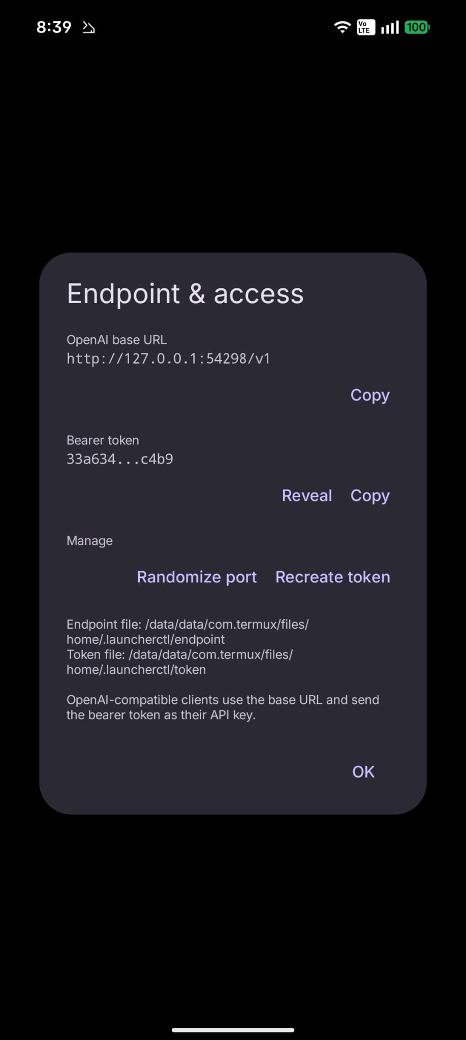 Endpoint and access dialog showing OpenAI base URL and bearer token