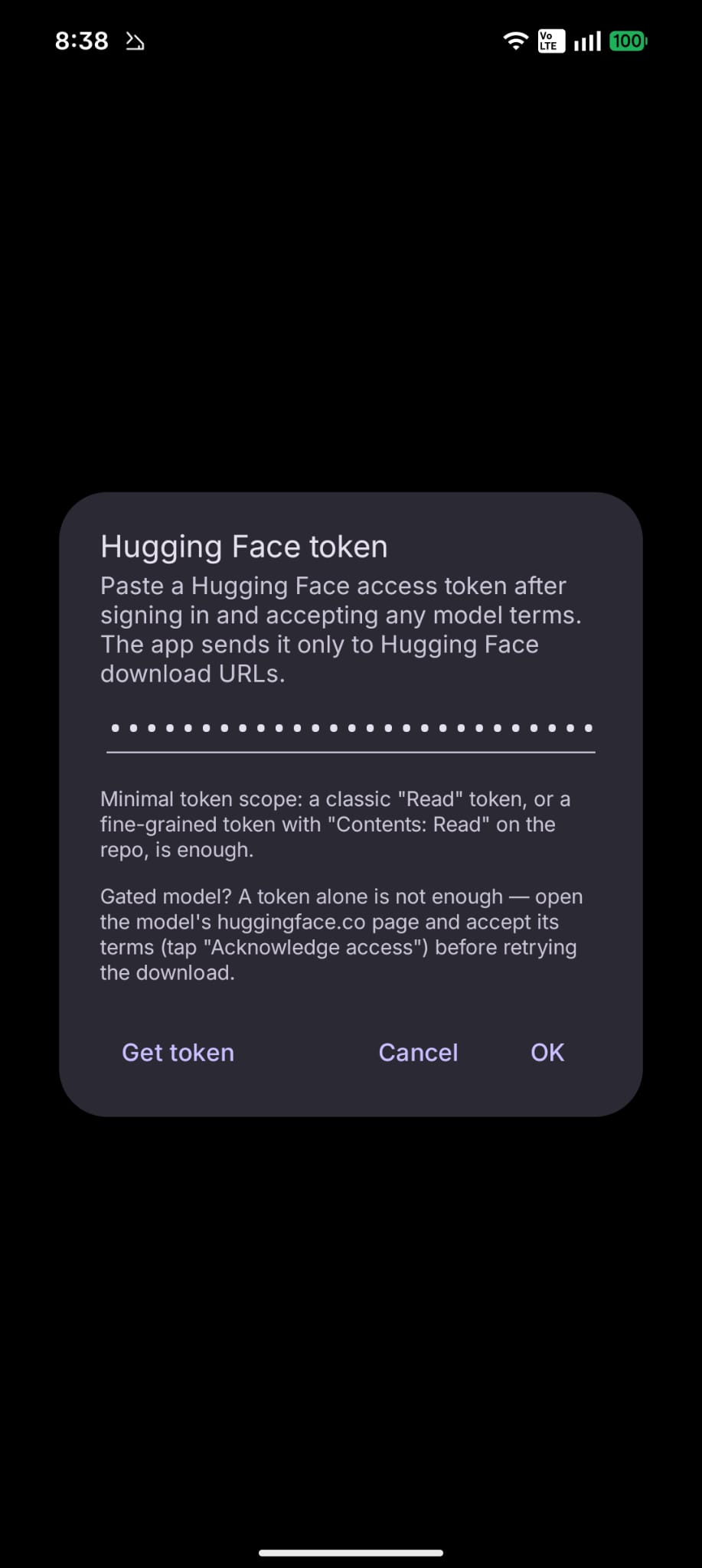 Hugging Face token dialog in Termux AI settings