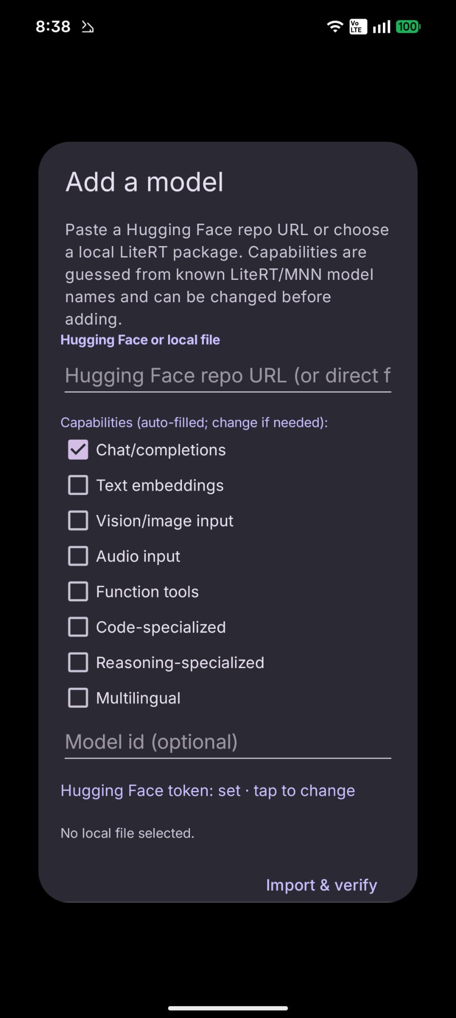 Add a model window: Hugging Face repo URL and capability checkboxes