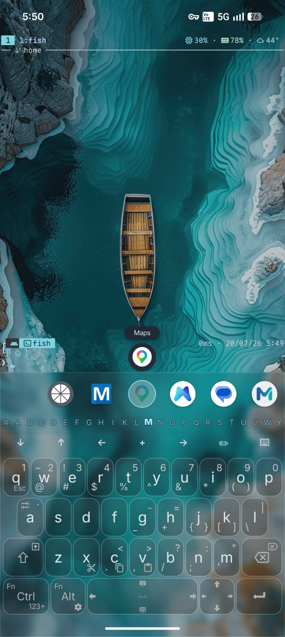 Termux Launcher home screen with the A–Z app rail and keyboard